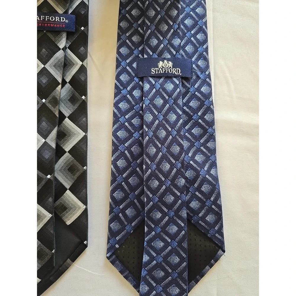 Tie Lot Of 2 Vintage Stafford Neck 100%‎ Silk Blue Black Geometric Gray Design